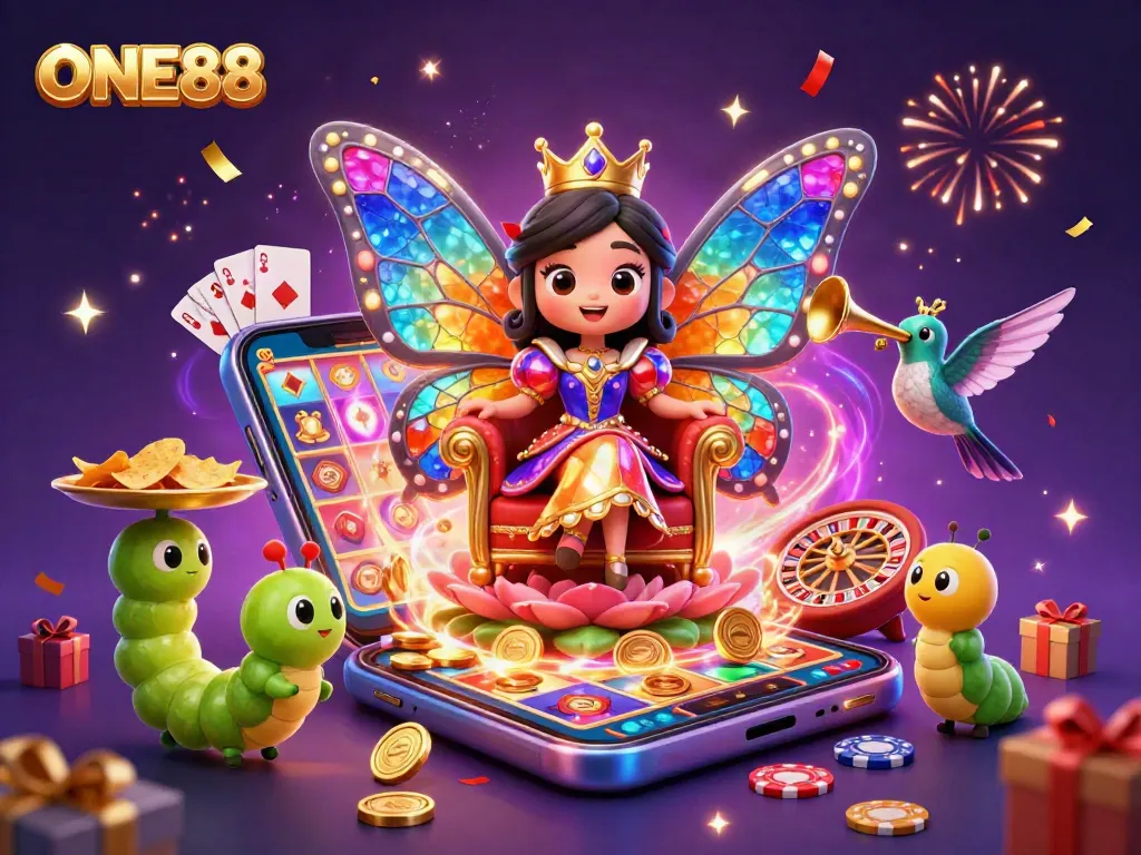 Engage in thrilling casino action with ONE88, where a vibrant butterfly queen oversees games and prizes in a rich digital scene.