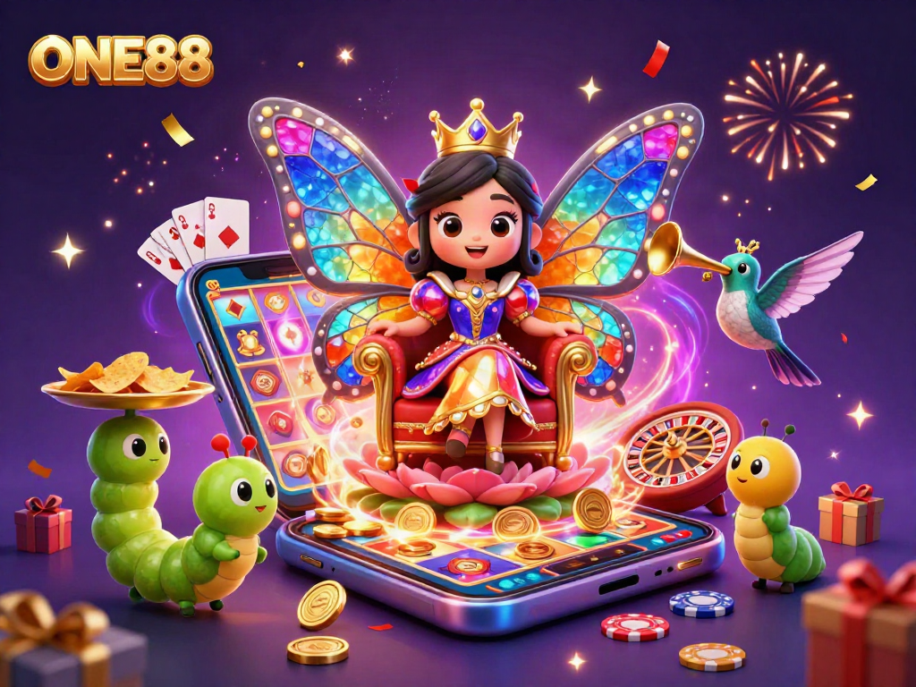 Engage in thrilling casino action with ONE88, where a vibrant butterfly queen oversees games and prizes in a rich digital scene.