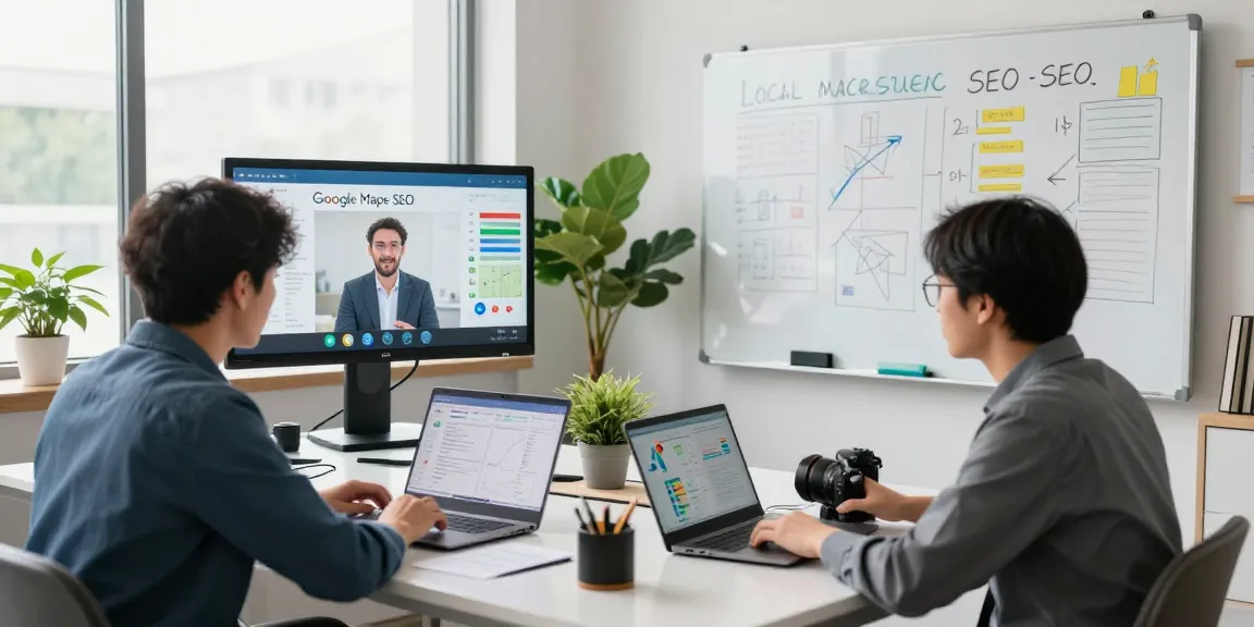 Operators collaborating on Google Maps SEO services strategy in a professional office environment.