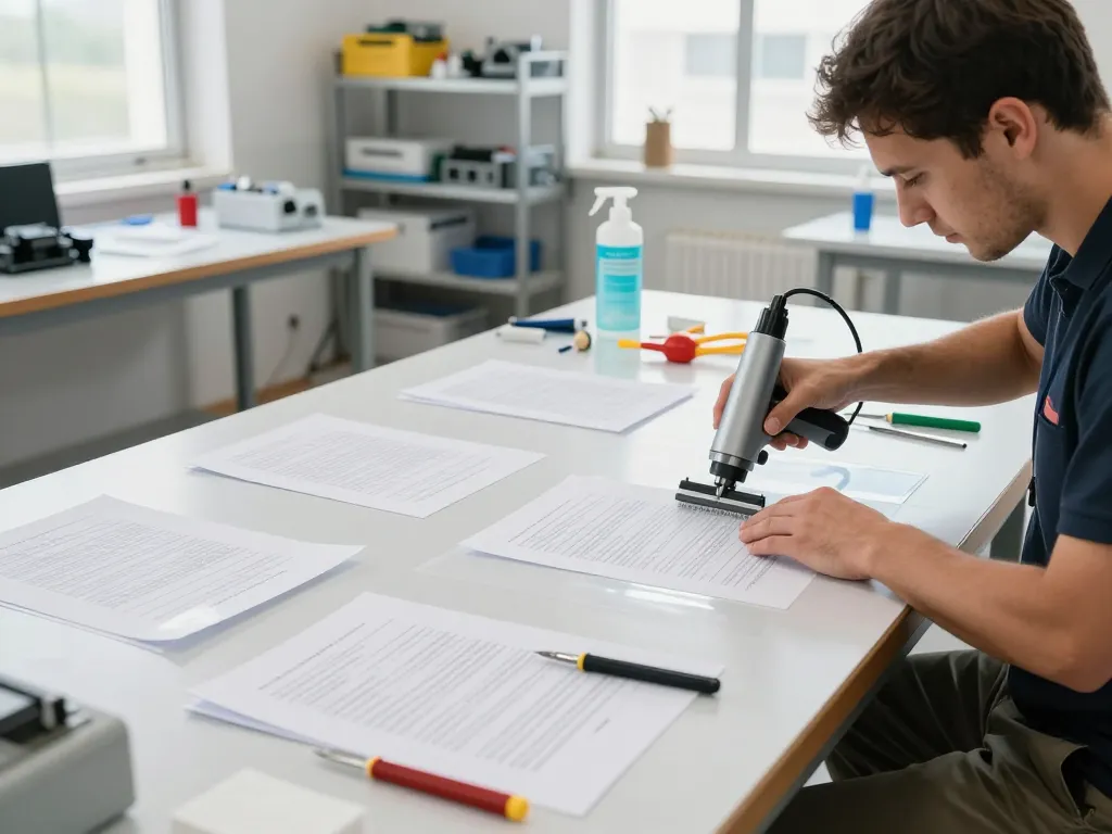 Expert technician gỡ ép plastic hà nội, revitalizing documents with advanced technology in a bright workshop.