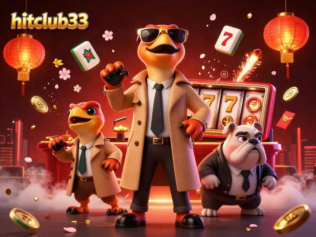 hitclub33 showcases raptors sneaking into a VIP casino with vibrant decorations and slot elements.