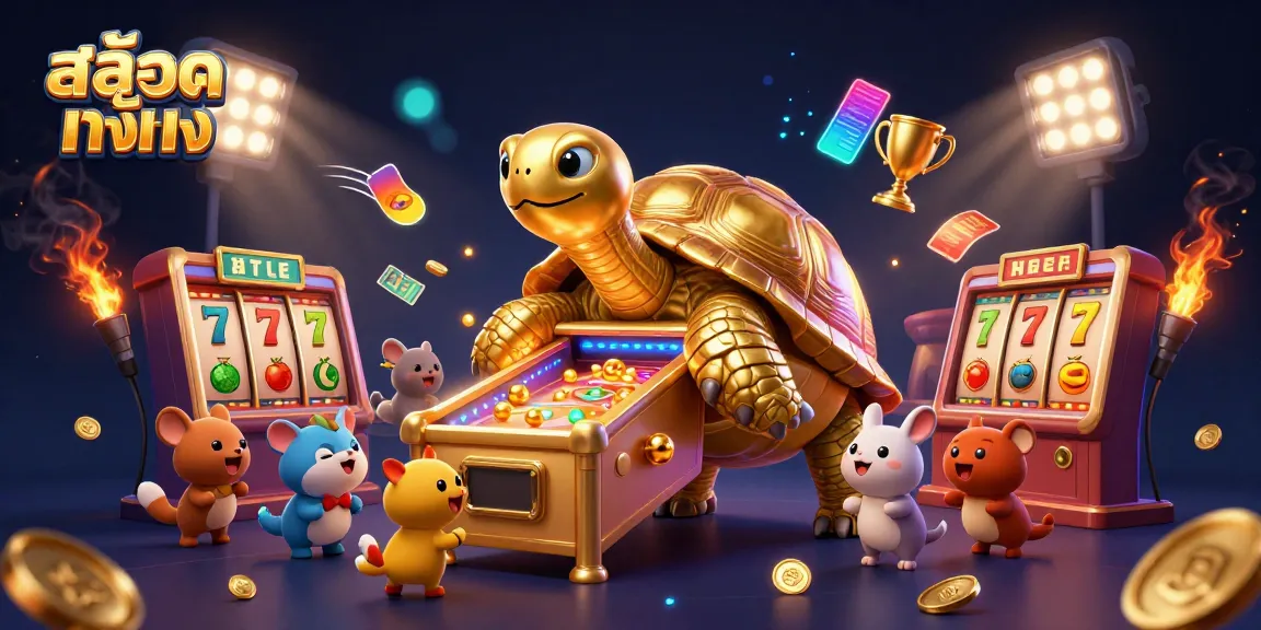Experience the excitement of สล็อตแท้ตรง with a golden tortoise pinball machine and vibrant casino elements.