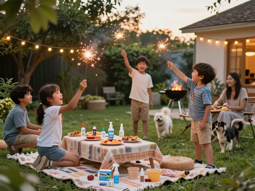 Family enjoying a summer picnic while using mosquito repellent to stay safe from bugs.