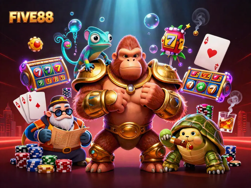 Players engage in thrilling games at FIVE88, featuring vibrant slot reels and colorful elements.