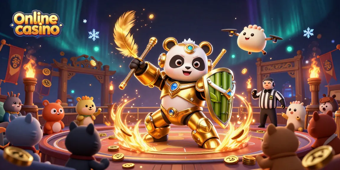 Experience excitement at an online casino with a mech-suit panda battling in a vibrant arena.