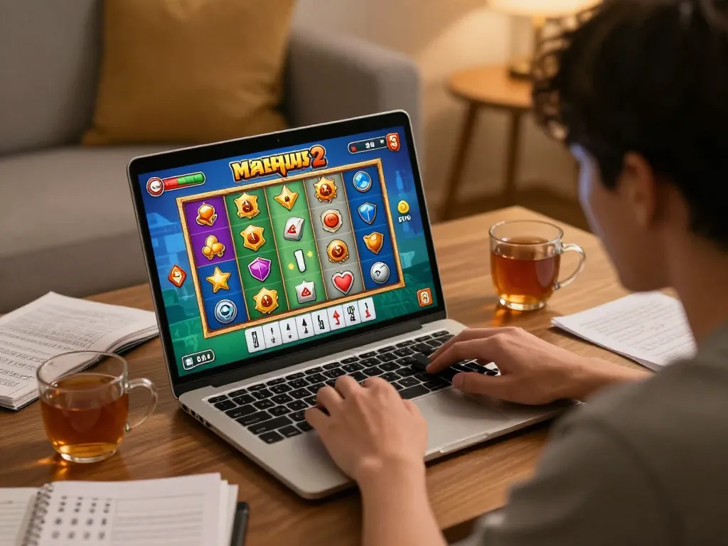 Engaging in Mahjong Ways 2 online slot gameplay at home, showcasing strategic notes and ambient lighting