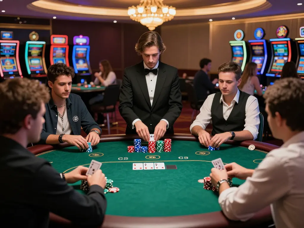 Experience high-stakes poker gameplay at EV 99 casino, colorful chips and dealer engaging players.