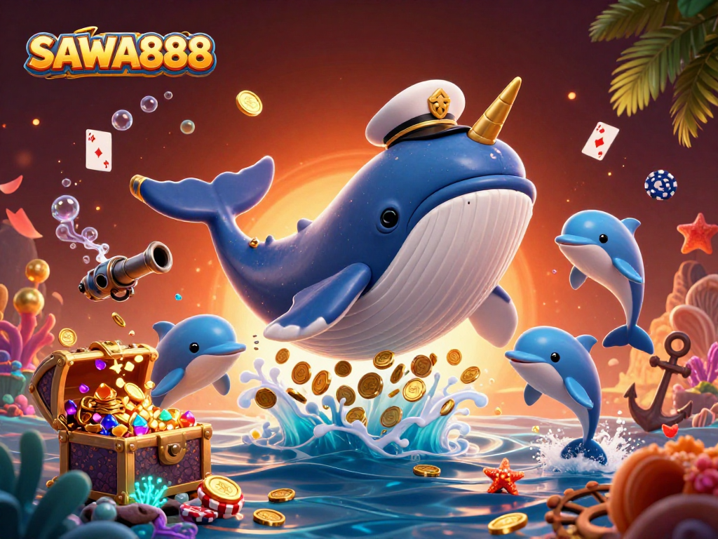 SAWA888 engages players with a vibrant underwater casino scene featuring a whale and dolphins.