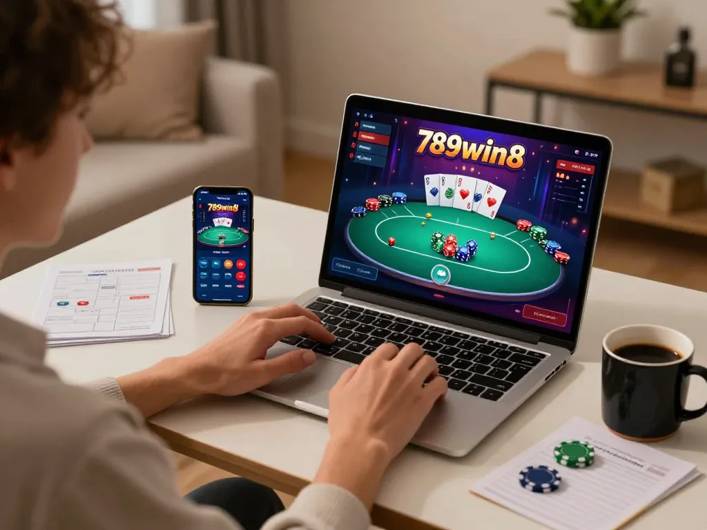 Engaging gaming session with 789win8 poker excitement on laptop screen, comfortable home setup.