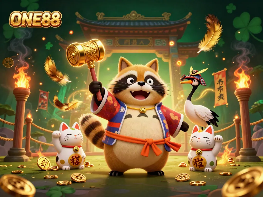 Experience the joy of ONE88 through a vibrant 3D casino scene filled with lucky symbols and festive characters.