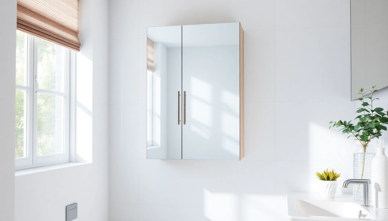Stylish mirrored bathroom cabinet with light in an upscale bathroom environment.