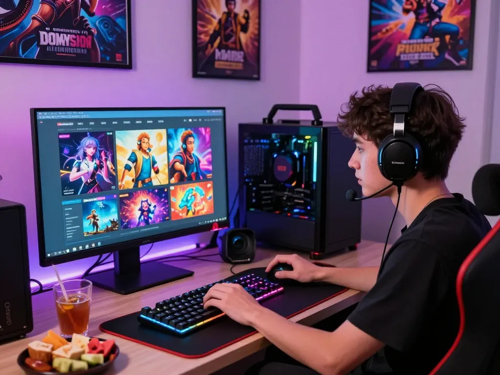 Engaging gaming scene highlighting porn games online with colorful visuals and a gamer interacting with virtual characters.