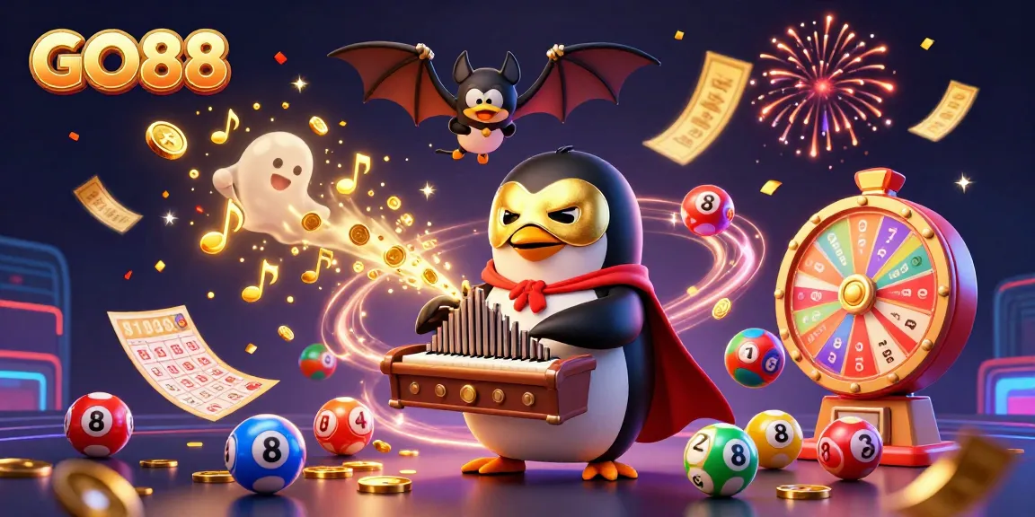 Experience the thrill of GO88 as the phantom penguin launches golden coins amidst a vibrant casino scene