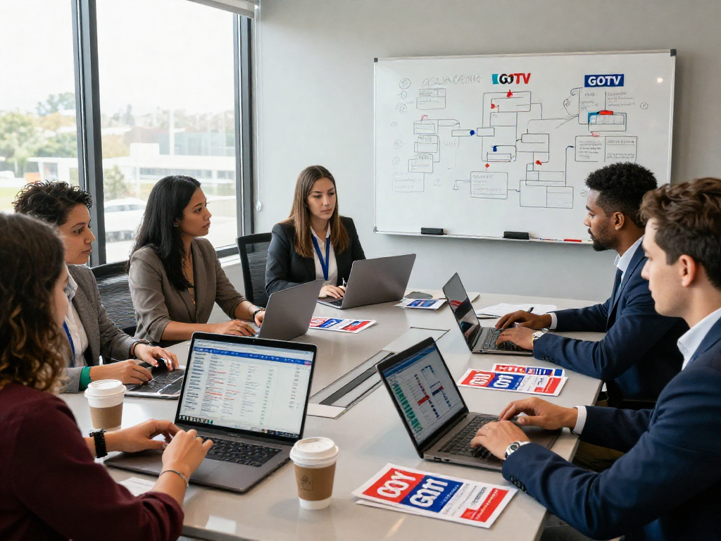 GOTV mailers being strategized by a diverse political campaign team in a modern office.