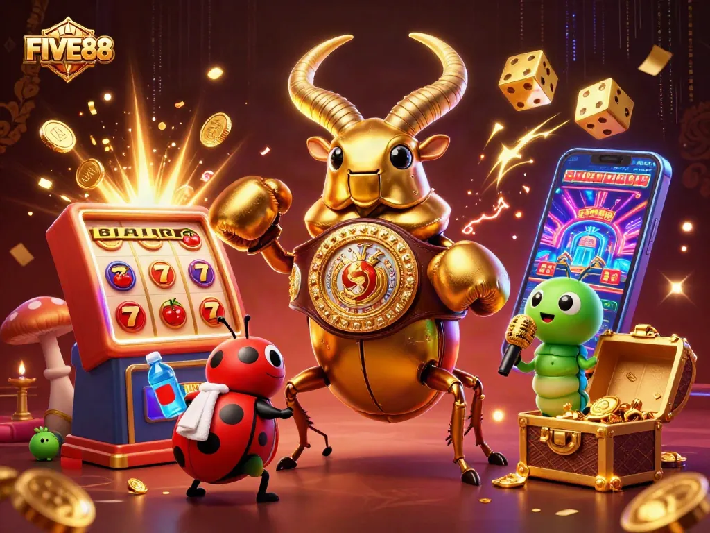 Experience exciting wins with FIVE88's vibrant casino scene featuring dynamic game elements and lively characters.