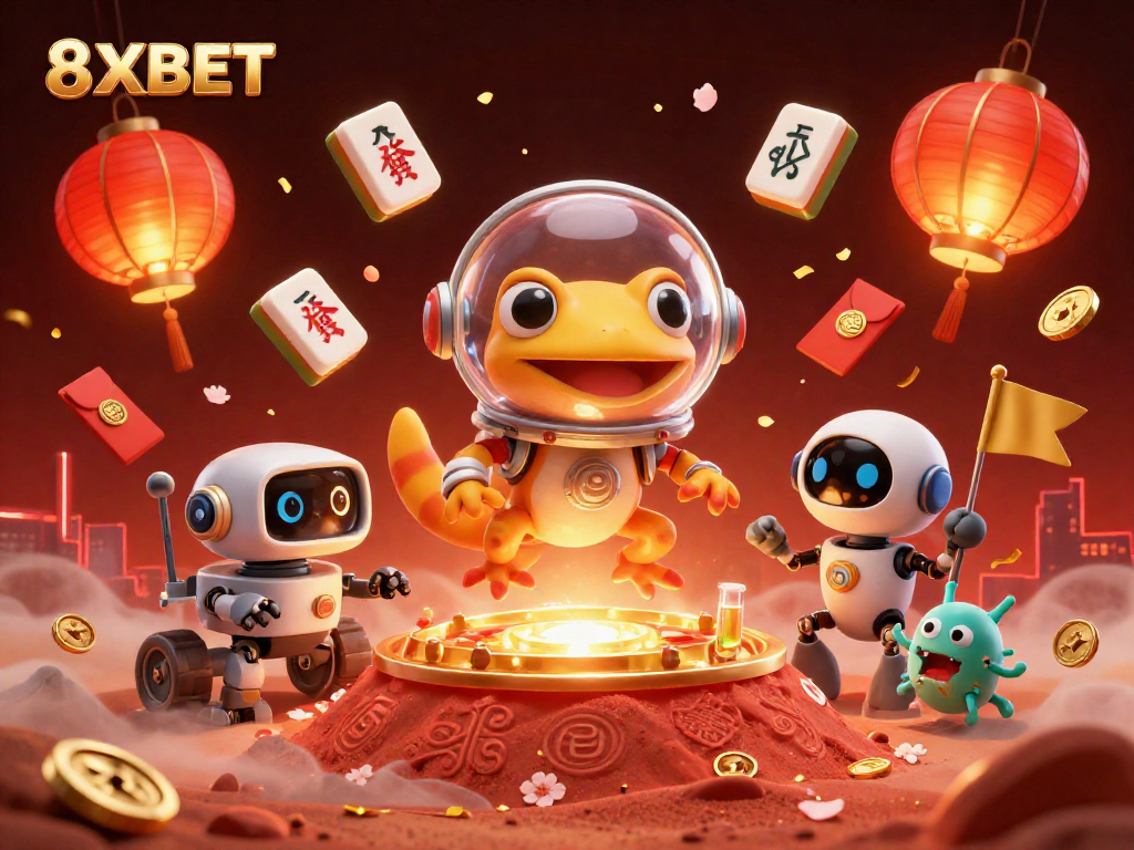 Experience vibrant 8XBET adventures with a Martian gecko uncovering a golden casino in a lively gaming scene.