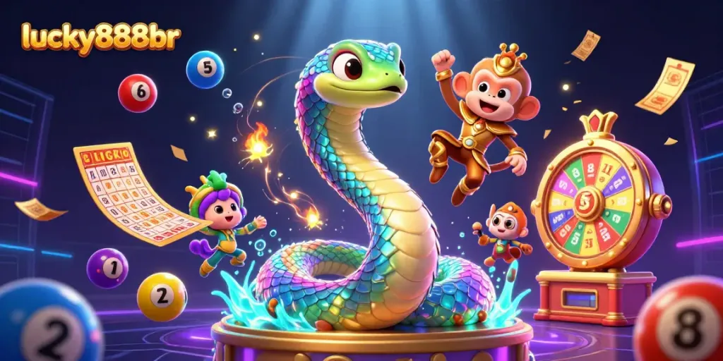 Win big at lucky888br with vibrant cartoon scene featuring a colorful snake and monkey king!