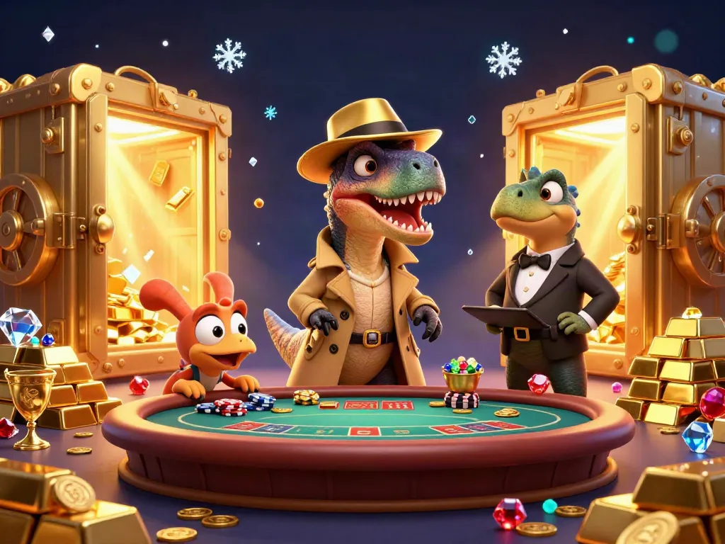 DU88 velociraptor card counter blends into the casino scene while a stegosaurus pit boss watches closely.