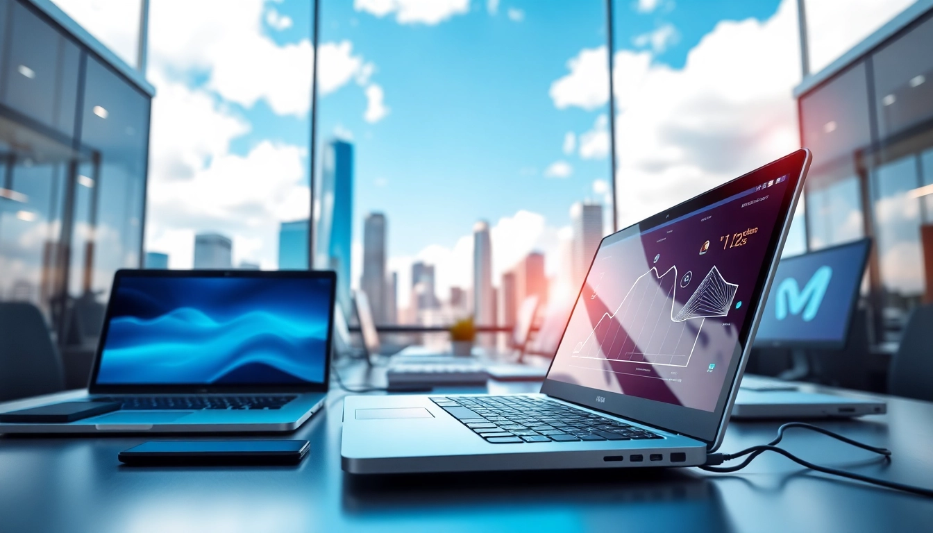 Visualizing technology integration in a modern workspace filled with innovative gadgets and vibrant city.