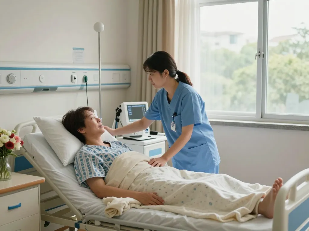 Patient on a giường bệnh nhân in a cozy hospital room, showcasing comfort and care.