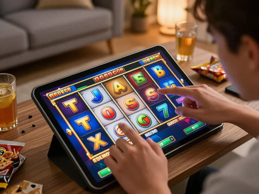 Permainan menarik di aplikasi slot gacor mobile yang menampilkan gulungan berwarna-warni dan grafik dinamis untuk permainan online.