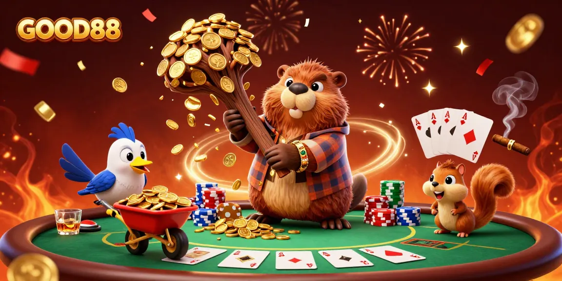 GOOD88 celebration with a beaver chopping a tree raining coins in a vibrant casino scene