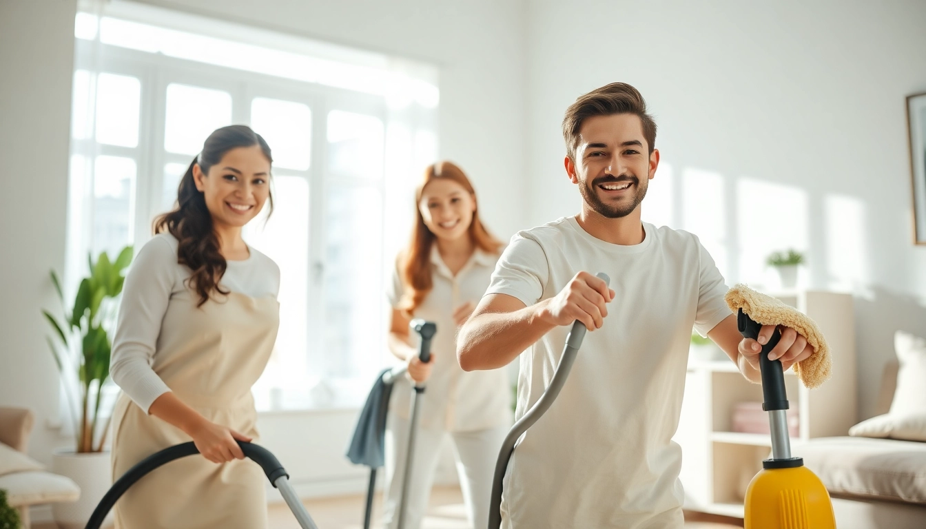 Engaged cleaning service professionals organizing a modern home environment, highlighting cleanliness and professionalism.