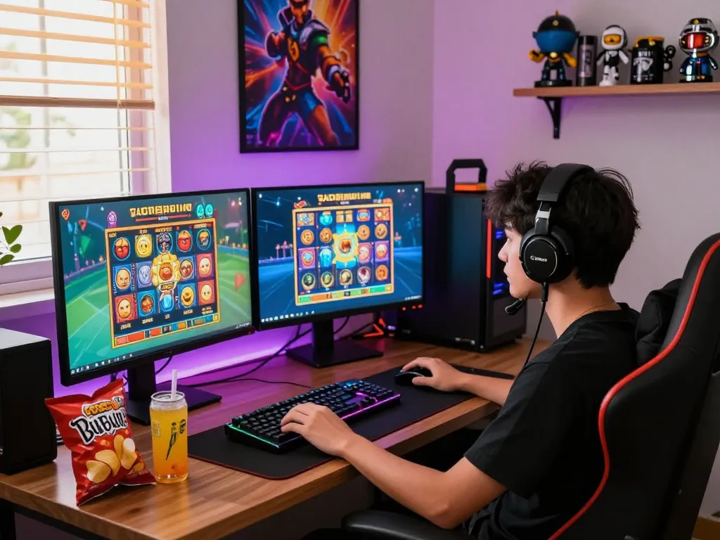 Gamer yang terlibat mengalami slot gacor hari ini dengan pengaturan permainan yang cerah, layar ganda menampilkan permainan slot yang berwarna-warni.