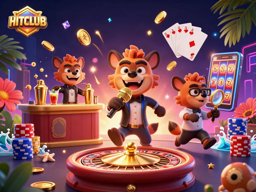 HITCLUB invites players to enjoy a vibrant casino scene with hyenas, gold coins, and a roulette wheel.
