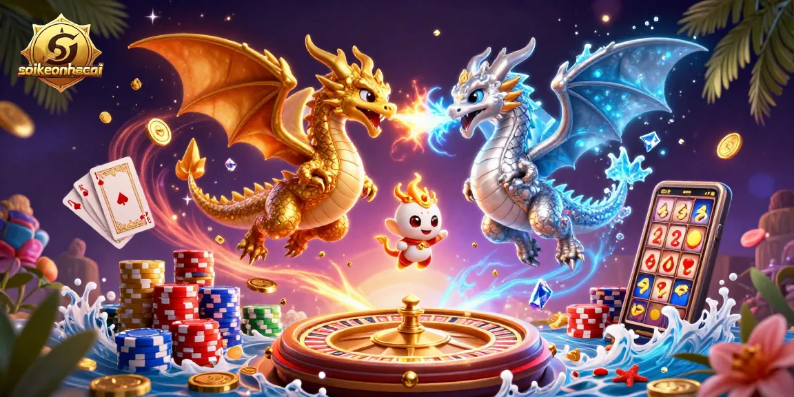 Engaging soikeonhacai scene featuring golden and silver dragons with cascading coins and gaming elements.