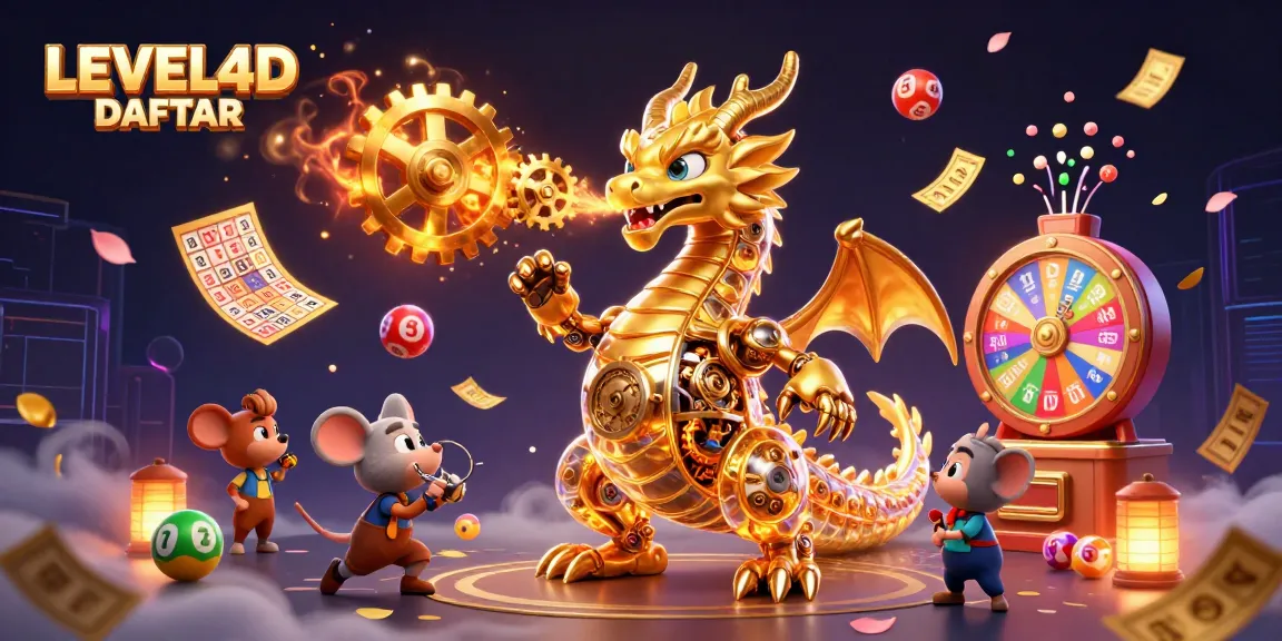 Memperkenalkan LEVEL4D DAFTAR dengan ilustrasi naga emas mekanis dan bola lotere berwarna-warni.