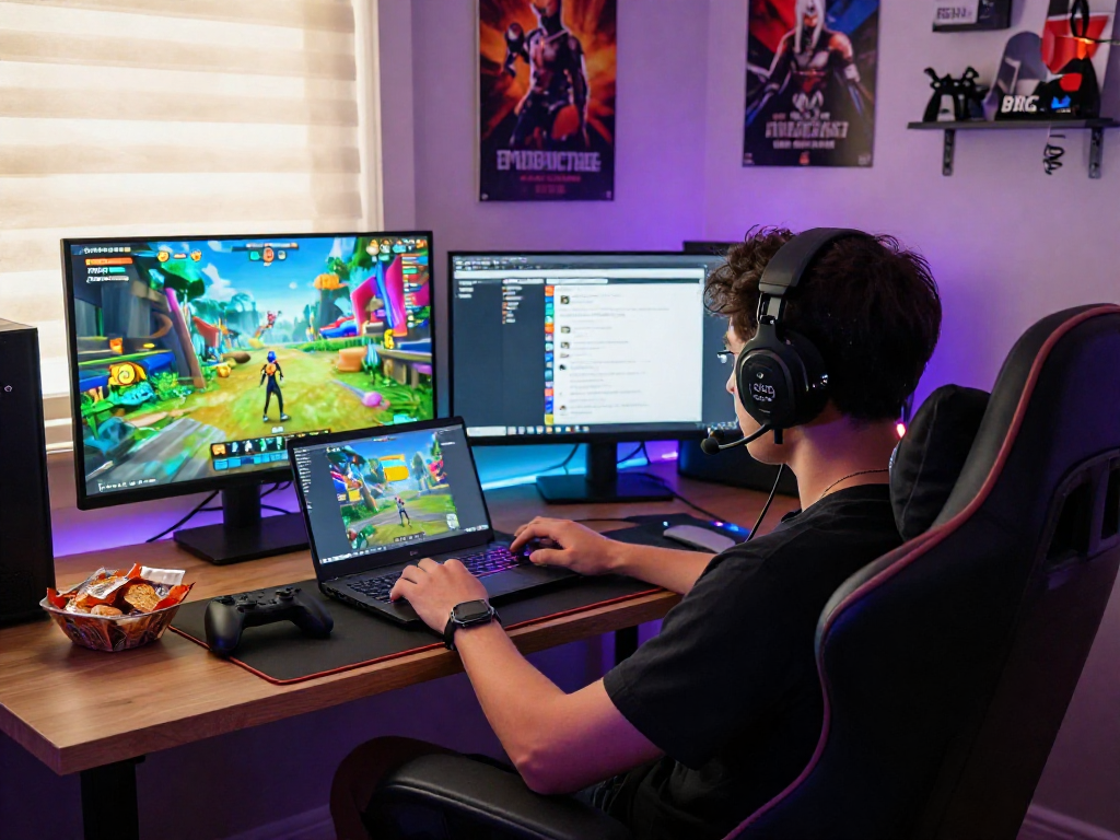 Engaged user playing a porngame on a gaming laptop with immersive graphics.