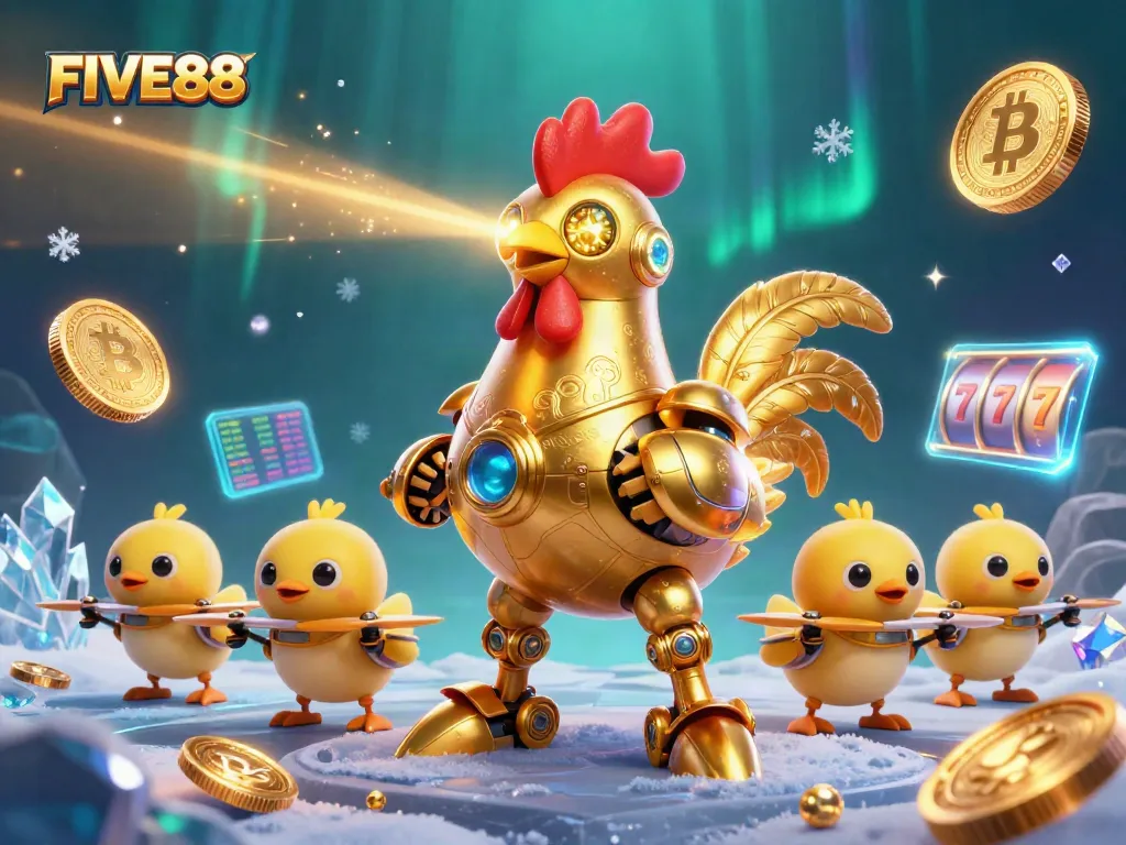 Experience thrilling gaming action with FIVE88 in an ultra-detailed casino scene featuring futuristic characters and dynamic elements.