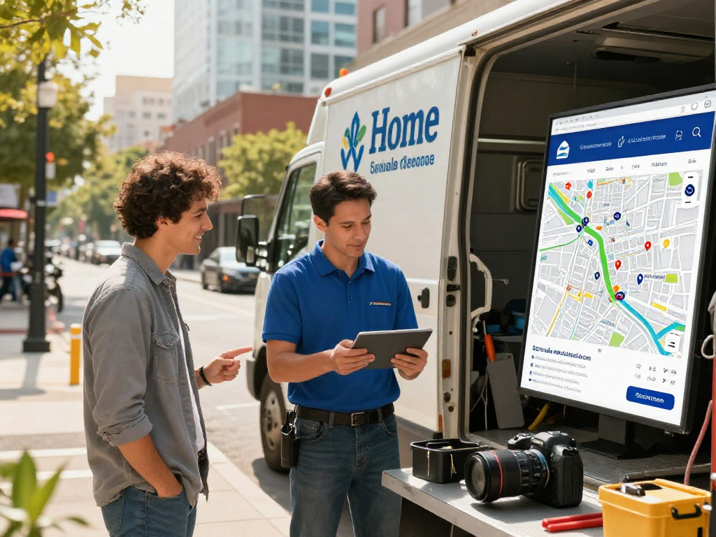 Contractor lead generation scene with a contractor engaging with a customer, highlighting local service areas and tools.