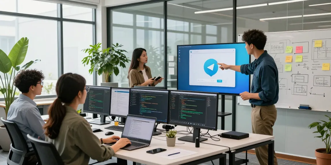 Team collaborating on telegram官网 project in a modern office with tech displays and greenery.