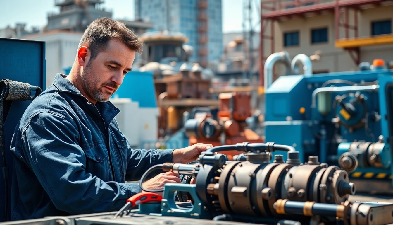Technician providing mobile hydraulic services on-site, showcasing professional equipment and tools.