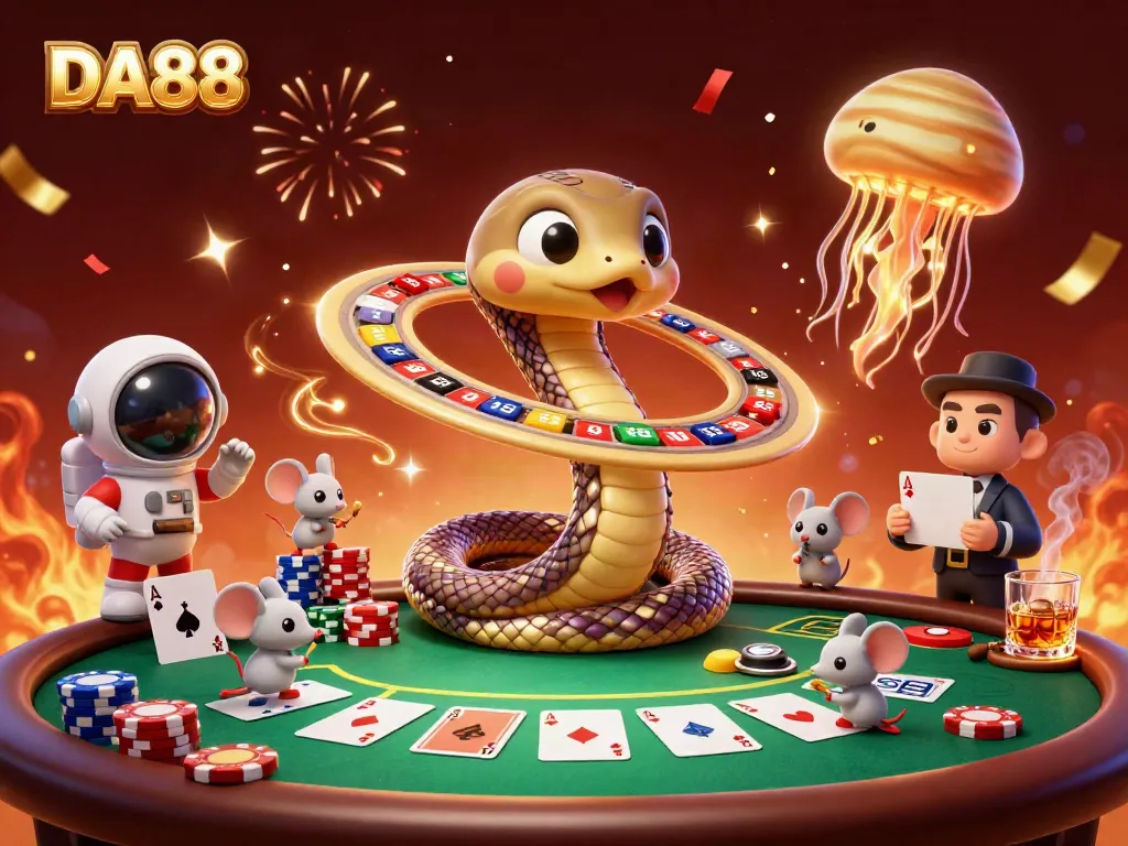 Engage with DA88 as astronaut mice place bets on cosmic roulette amidst vibrant gaming elements.