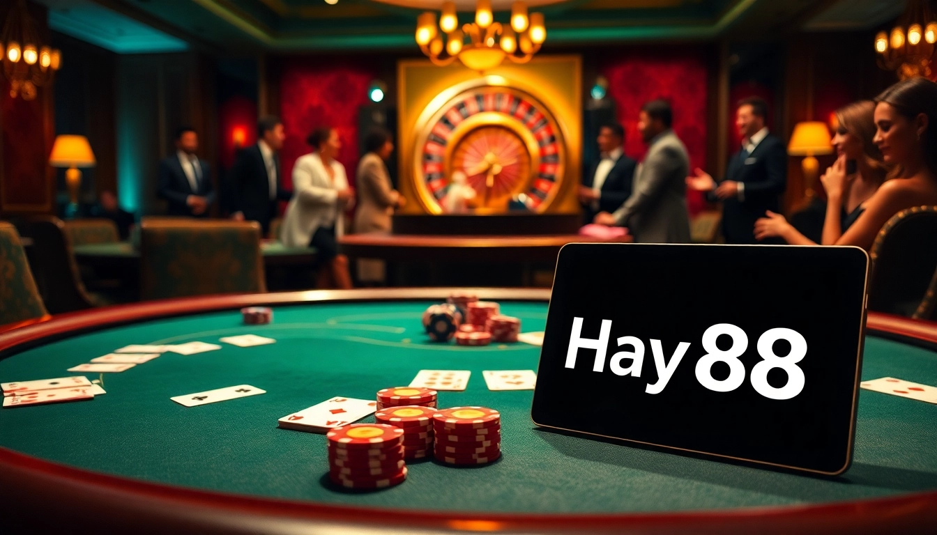 Exciting poker table scene at Hay88 casino featuring vibrant chips and elegant players.