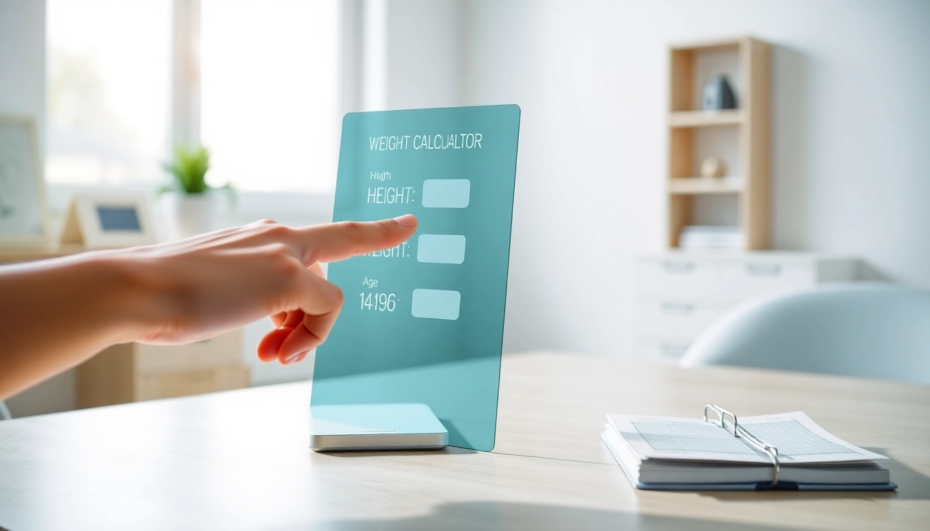 Calculate your ideal weight calculator through an interactive digital display in a serene home office atmosphere.