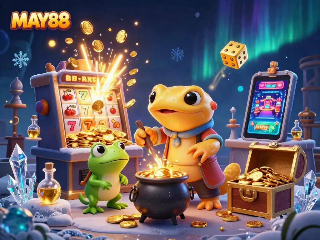 MAY88 offers an exciting jackpot experience with golden coins and vibrant gaming elements.
