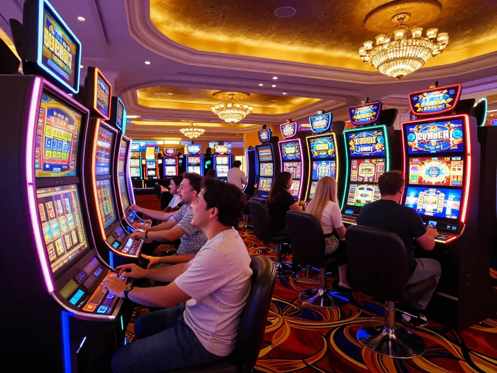 Open88 player celebrating a big win on a vibrant slot machine in a luxurious casino environment