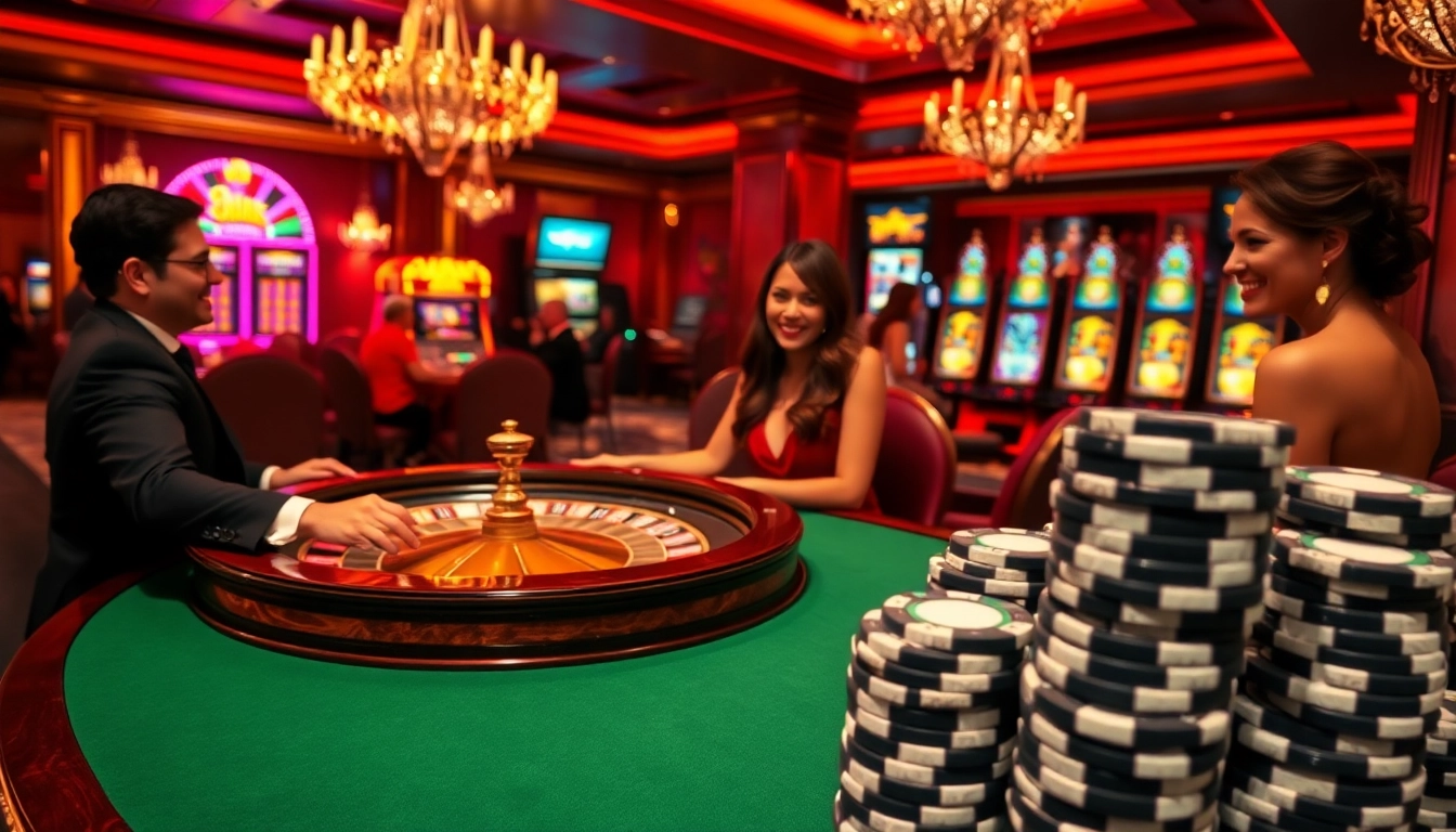 Vivez l'excitation des meilleurs casino en ligne avec des joueurs profitant de la roulette et du poker dans un cadre luxueux.