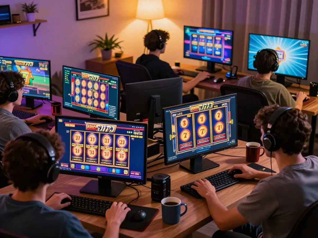 Engaging scene of players enjoying slot gacor 777 on various devices in a cozy home setting.