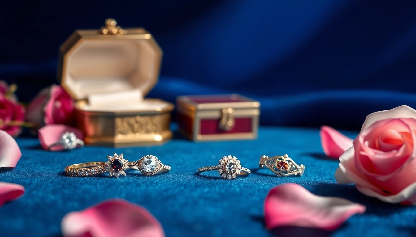 Admire a selection of luxury rings showcasing exquisite designs and sparkling gemstones.