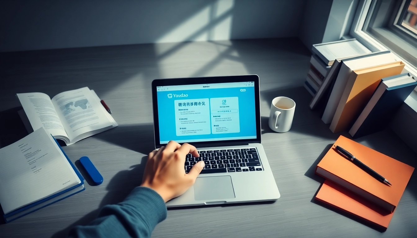 Youdao app in use at a modern workspace for efficient language learning.