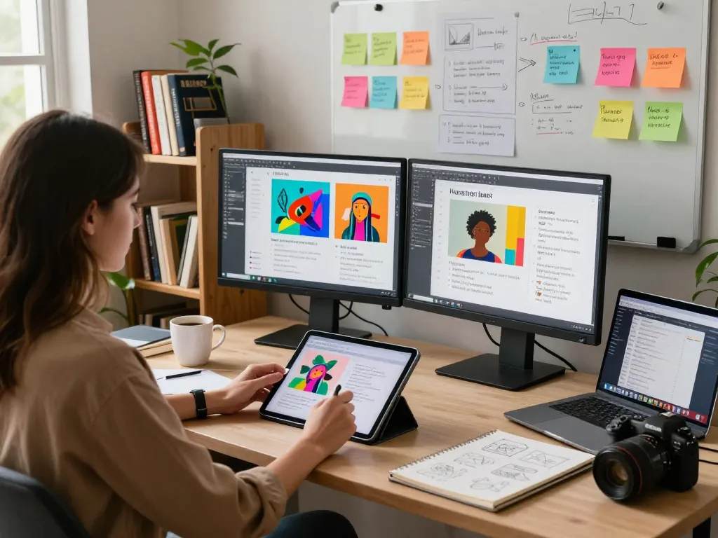 Designer utilizing image to prompt ai technology in a vibrant workspace.
