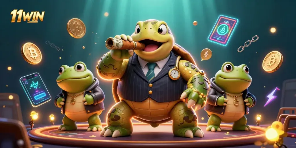 Engage with 11WIN’s thrilling casino experience alongside a unique 3D cartoon turtle and friends.