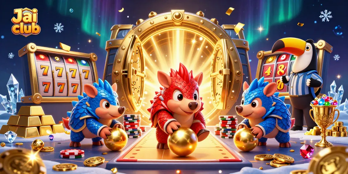 Bowling pangolins in Jai Club, surrounded by gleaming gold and casino elements.