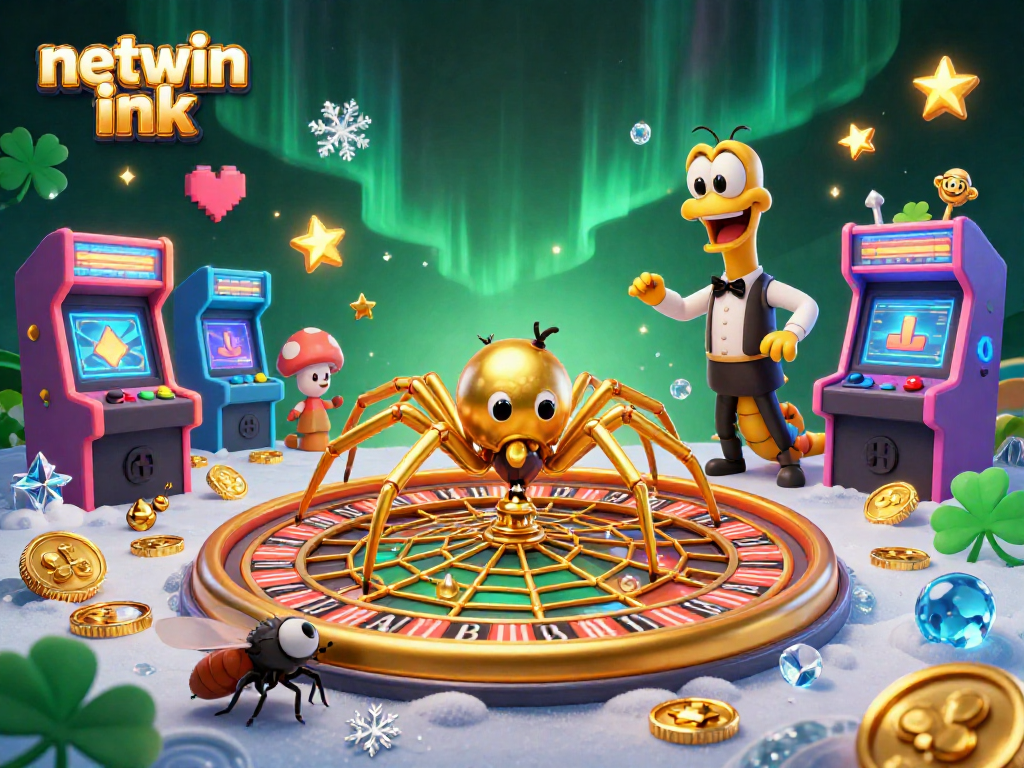 Engaging scene showcasing netwin ink with a golden spider weaving a roulette wheel web, vibrant casino atmosphere.
