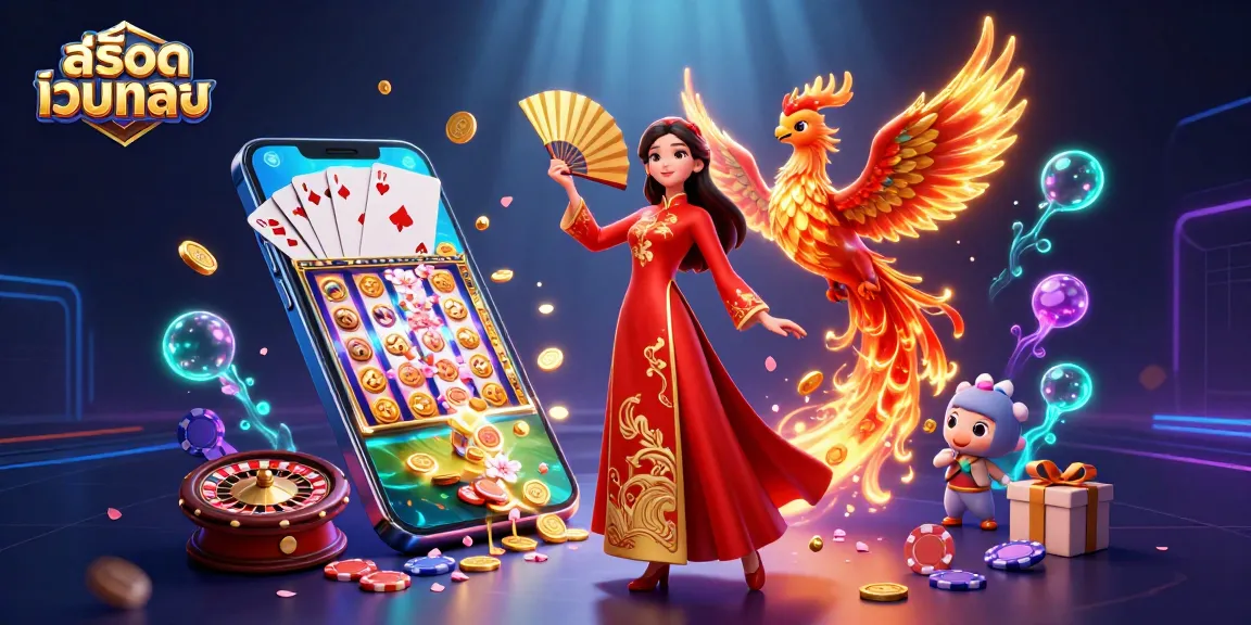 Play exciting slot games with สล็อตเว็บตรง, featuring a vibrant 3D woman and phoenix, amidst gold coins and dynamic casino elements.